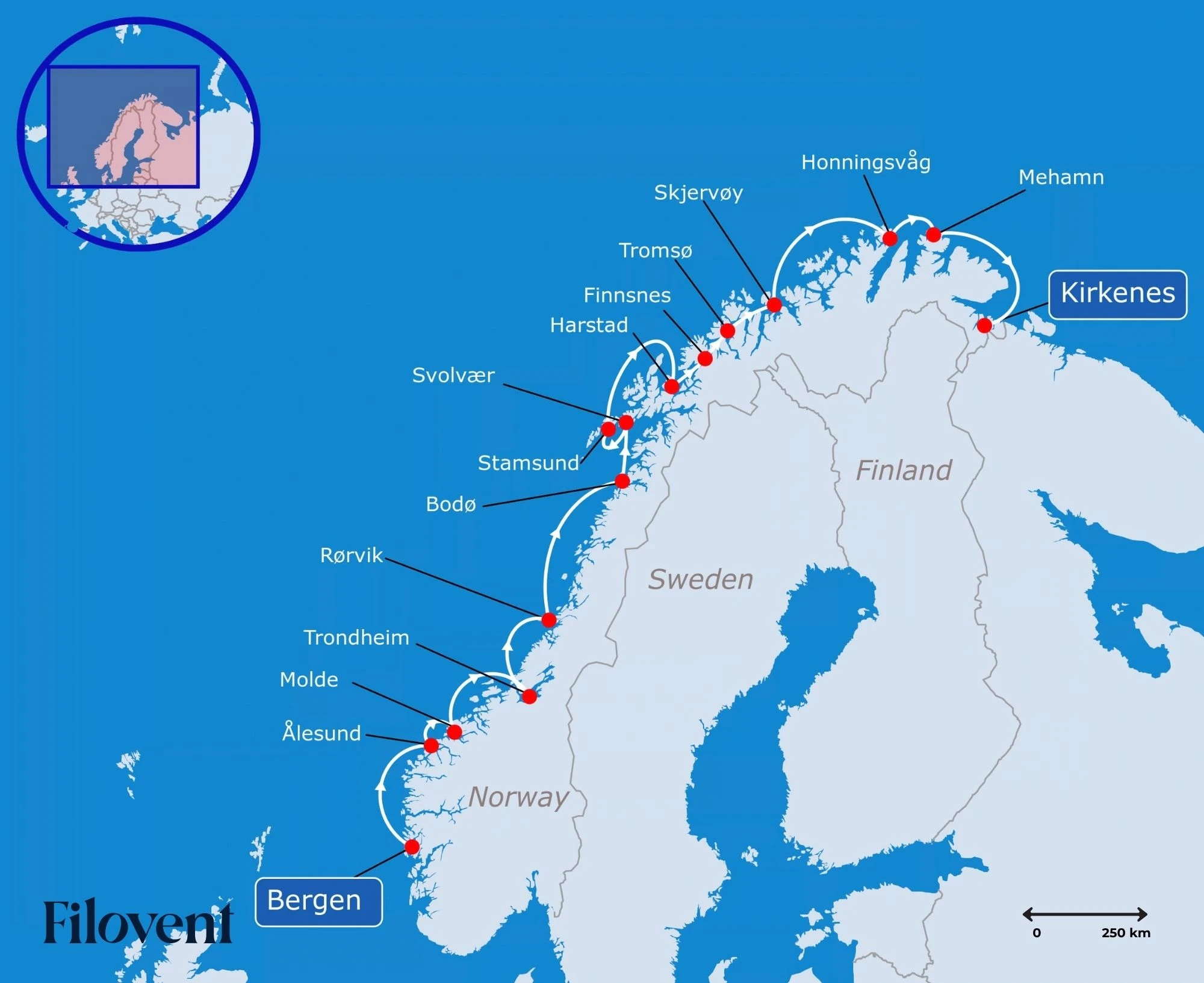 schéma de Norvège avec les principaux points de passage de l'express côtier