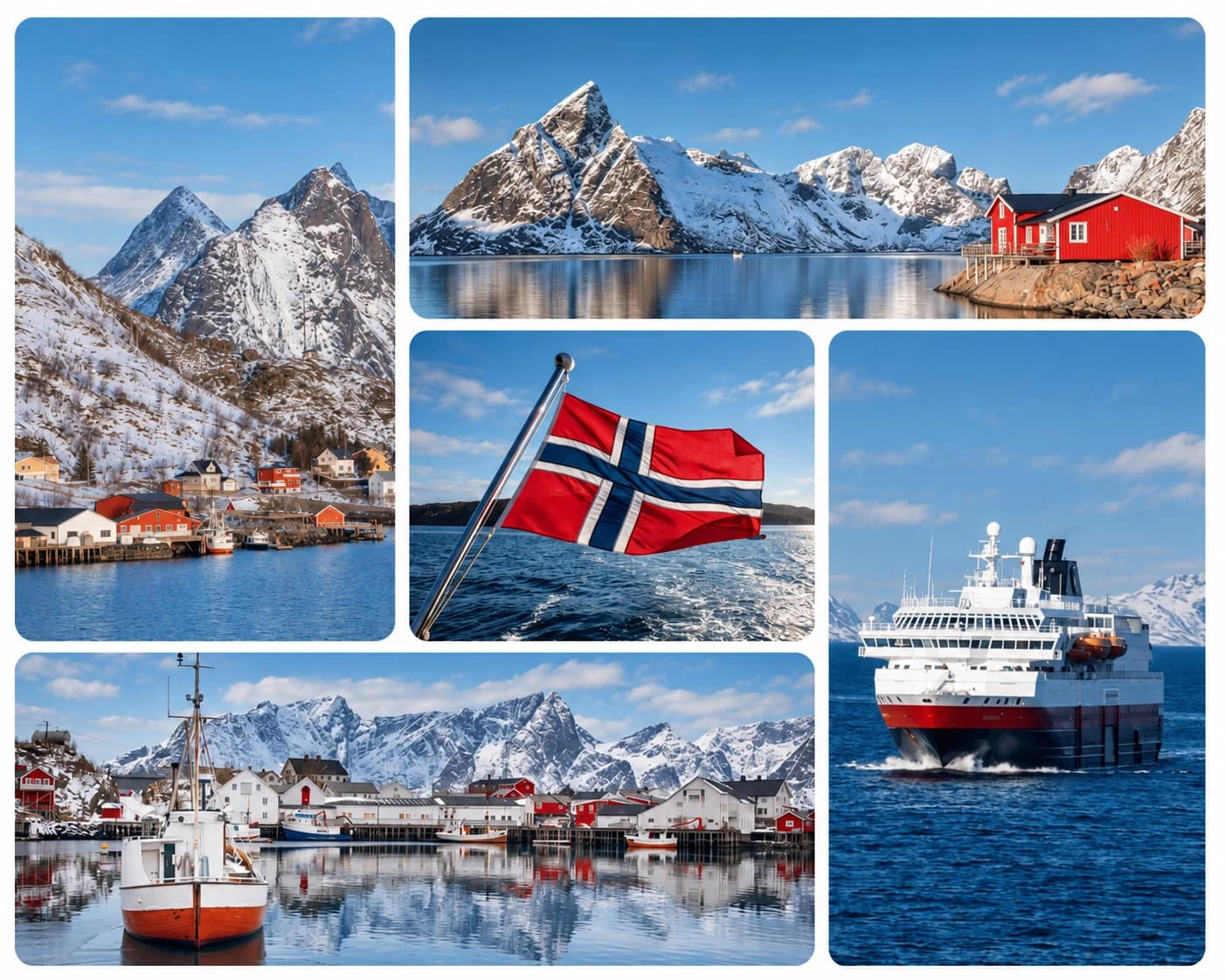 Mosaïque de paysages enneigés des îles Lofoten en Norvège, avec fjords, villages de pêcheurs, drapeau norvégien et navire côtier.