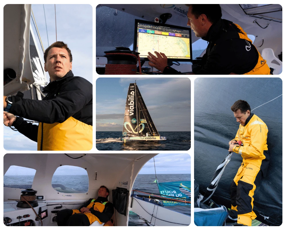 Image de Baptiste Hulin pendant une navigation (manoeuvre, &eacute;tude de cartes, plan de bateaux, sommeil) 