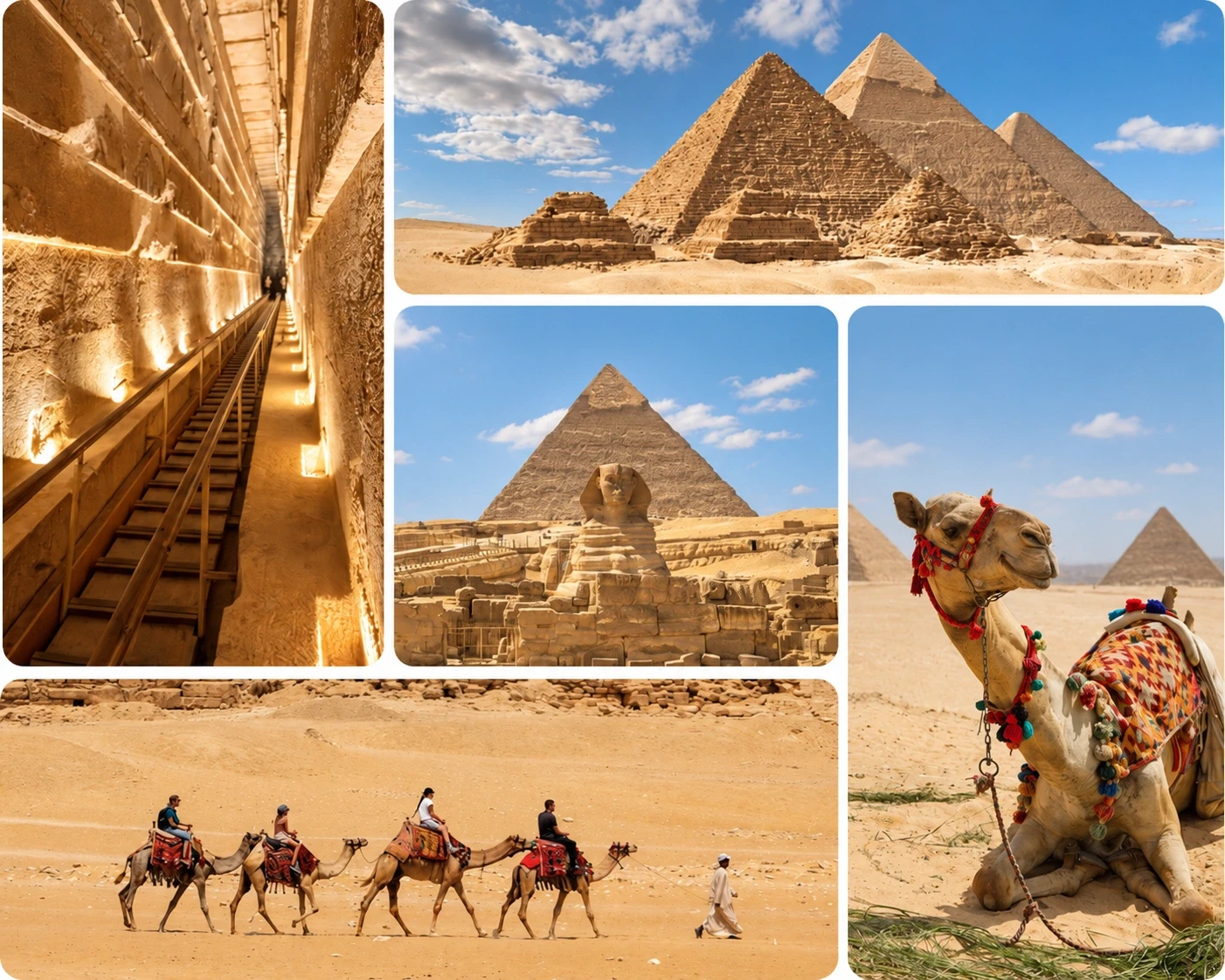 Mosaïque de photos des pyramides de Gizeh, au Caire, en Égypte